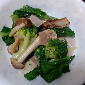 小松菜・ブロッコリー・きのこ・ベーコン炒め